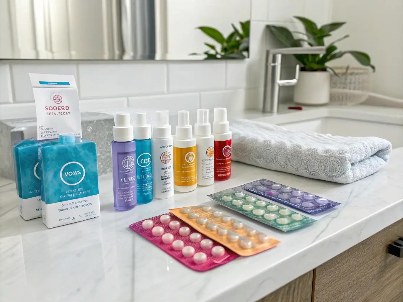 A collection of luxury adult toy accessories, including a premium lubricant bottle, a sleek storage bag, and a cleaning spray, all arranged on a stylish surface to highlight their quality and elegance.